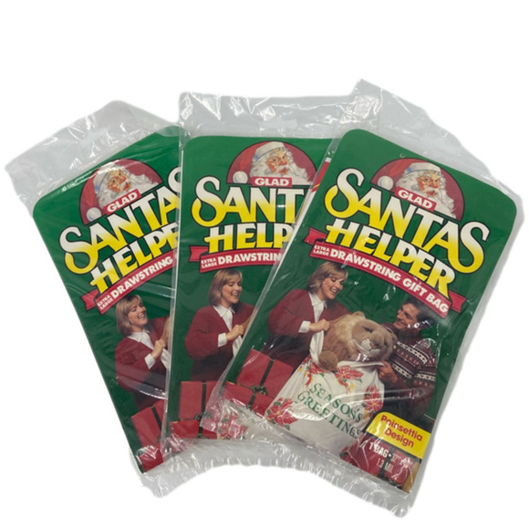 VINTAGE Lot of 3 Glad Santa's Helper XL Drawstring Gift Bag Poinsettia 32" x 40" - Picture 1 of 9